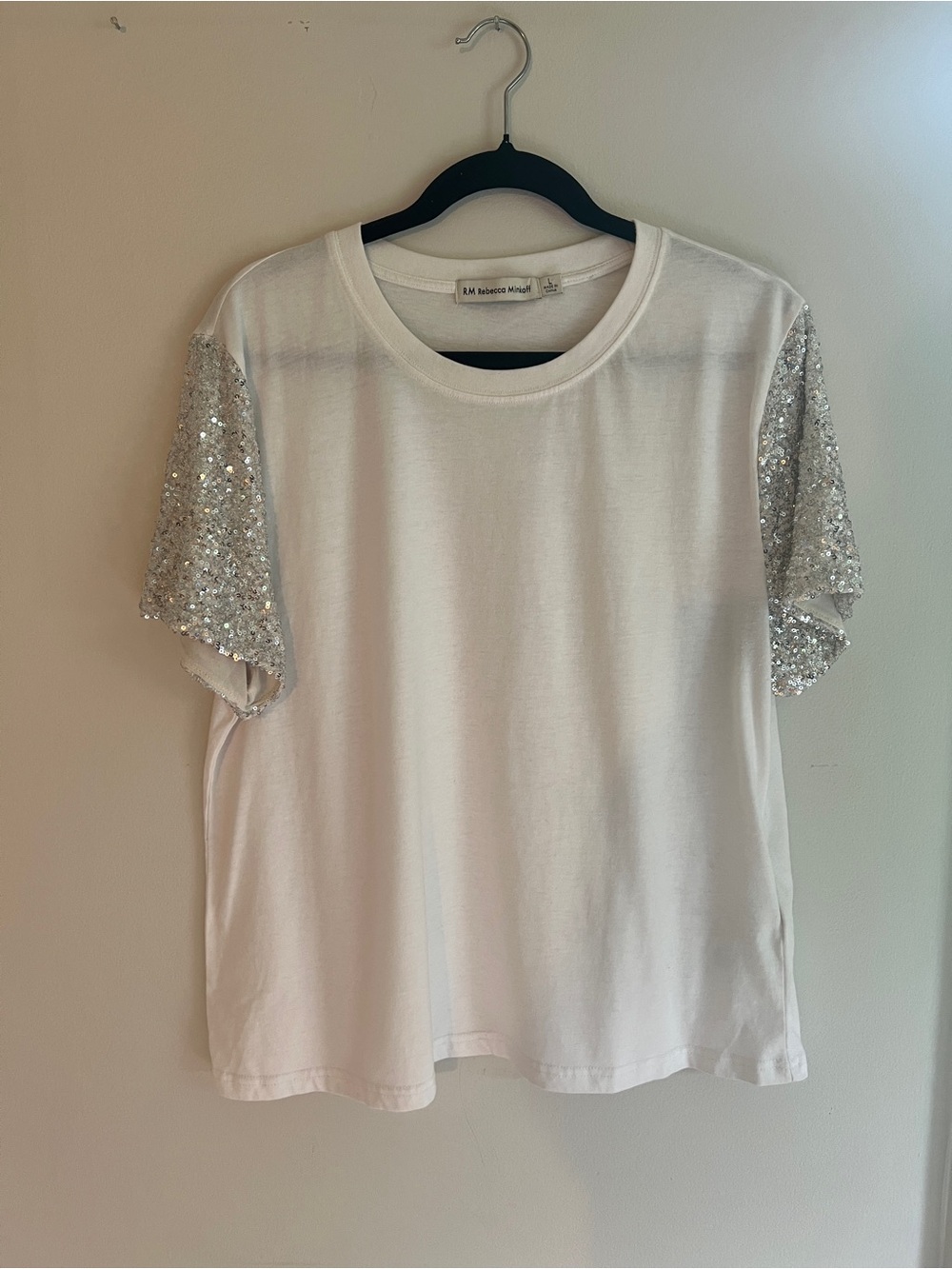 Rebecca Minkoff White Tee with Silver Sequin Sleeves